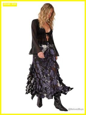 Floral Devore Ruffle Maxi Skirt Semi-Sheer Asymmetric Hem Night Out